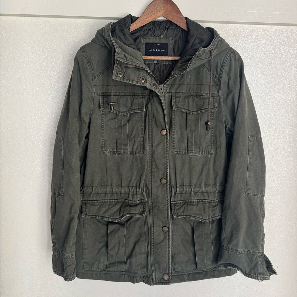 Lucky Brand Women’s Utility Jacket Olive Green Hooded Anorak Coat L - Picture 6 of 13
